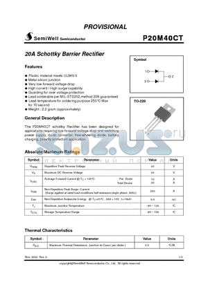 P20M40CT datasheet - 20A Schottky Barrier Rectifier