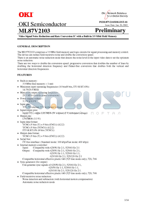 ML87V2103 datasheet - Video Signal Noise Reduction and Rate Conversion IC with a Built-in 3.9 Mbit Field Memory