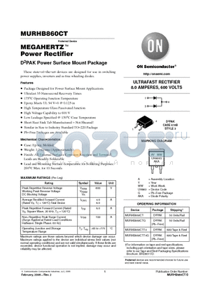 MURHB860CTT4 datasheet - MEGAHERTZ Power Rectifier D2PAK Power Surface Mount Package