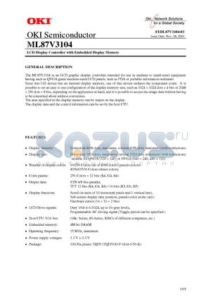 ML87V3104 datasheet - LCD Display Controller with Embedded Display Memory