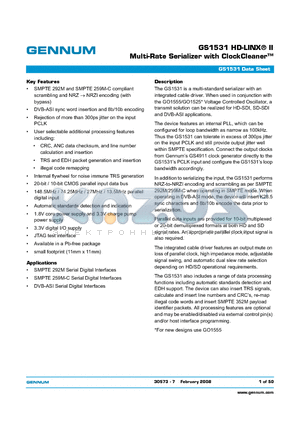 GS1531 datasheet - Multi-Rate Serializer with ClockCleaner