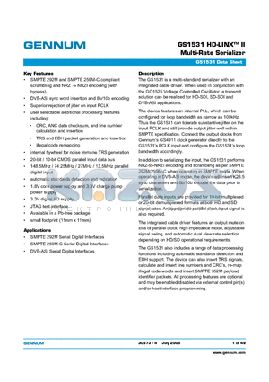 GS1531-CB datasheet - GS1531 HD-LINX-TM II Multi-Rate Serializer