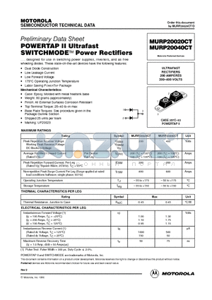 MURP20020CT datasheet - ULTRAFAST RECTIFIERS 200 AMPERES 200.400 VOLTS