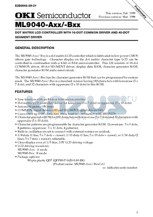 ML9040-AXX datasheet - DOT MATRIX LCD CONTROLLER WITH 16-DOT COMMON DRIVER AND 40-DOT SEGMENT DRIVER