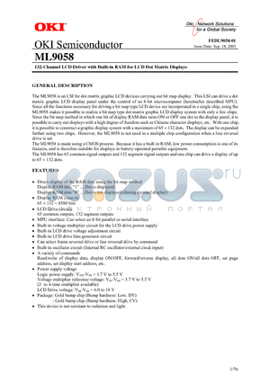 ML9058 datasheet - 132-Channel LCD Driver with Built-in RAM for LCD Dot Matrix Displays