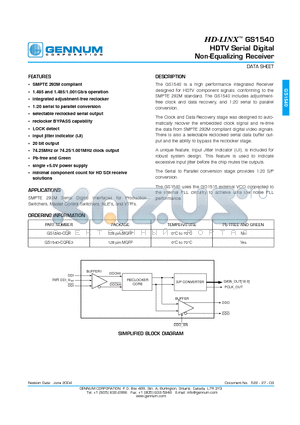 GS1540-CQRE3 datasheet - HDTV Serial Digital Non-Equalizing Receiver