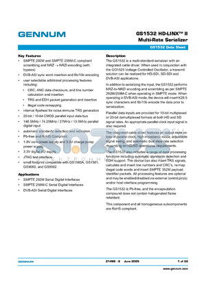 GS1532 datasheet - GS1532 HD-LINX-TM II Multi-Rate Serializer