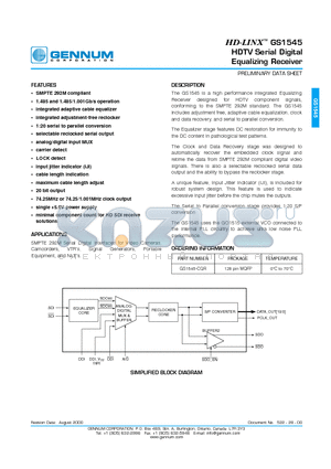 GS1545-CQR datasheet - HDTV Serial Digital Equalizing Receiver