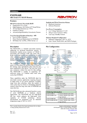 FM25L04B-DG datasheet - 4Kb Serial 3V F-RAM Memory