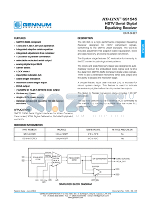 GS1545-CQRE3 datasheet - HDTV Serial Digital Equalizing Receiver