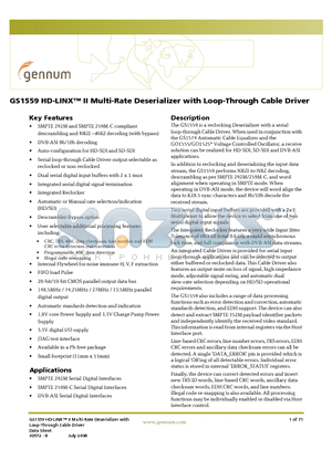 GS1559 datasheet - HD-LINX II Multi-Rate Deserializer with Loop-Through Cable Driver