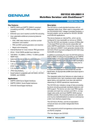 GS1532 datasheet - Multi-Rate Serializer with ClockCleaner