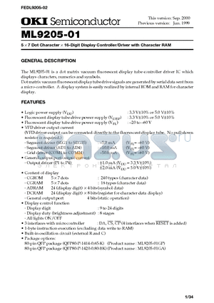 ML9205-01 datasheet - 5 x 7 Dot Character x 16-Digit Display Controller/Driver with Character RAM