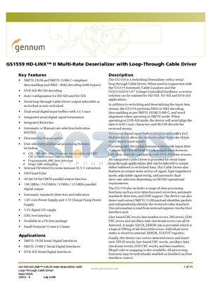 GS1559_08 datasheet - HD-LINX II Multi-Rate Deserializer with Loop-Through Cable Driver