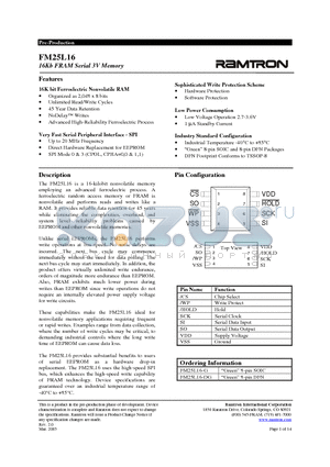 FM25L16 datasheet - 16Kb FRAM Serial 3V Memory