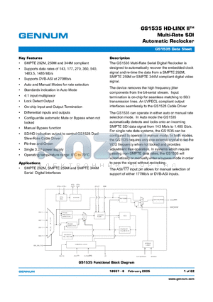 GS1535 datasheet - GS1535 HD-LINX II-TM Multi-Rate SDI Automatic Reclocker