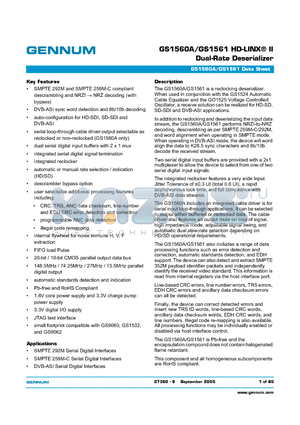 GS1560ACF datasheet - GS1560A/GS1561 HD-LINX-R II Dual-Rate Deserializer