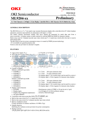 ML9204 datasheet - 5 X 7 Dot Character X 24-Digit X 2-Line Display Controller/Driver with Character RAM (Built-in Key Scan)