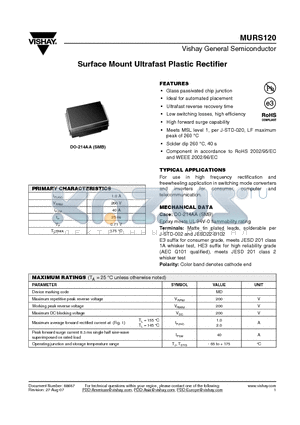 MURS120-E3/5BT datasheet - Surface Mount Ultrafast Plastic Rectifier