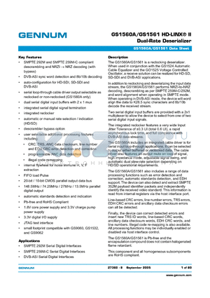 GS1560ACFE3 datasheet - GS1560A/GS1561 HD-LINX-R II Dual-Rate Deserializer