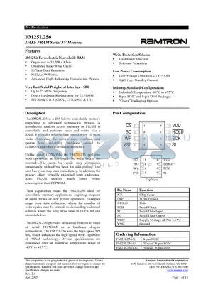 FM25L256 datasheet - 256Kb FRAM Serial 3V Memory