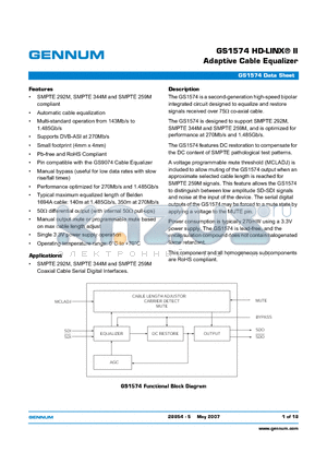 GS1574-CNE3 datasheet - Adaptive Cable Equalizer