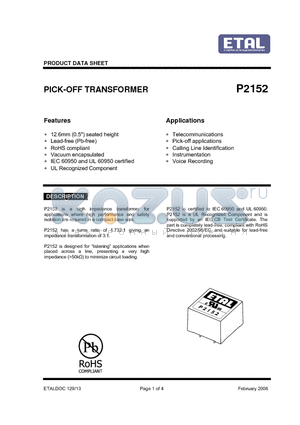 P2152 datasheet - PICK-OFF TRANSFORMER