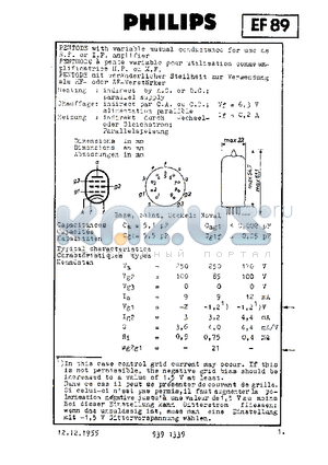 EF89 datasheet - PENTODE WITH VARIABLE MUTUAL CONDUCTANCE FOR USE AS R.F. or I.F. AMPLIFIER