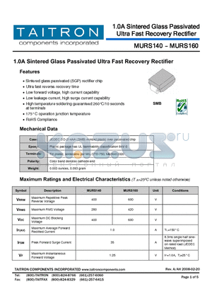 MURS140 datasheet - 1.0A Sintered Glass Passivated Ultra Fast Recovery Rectifier