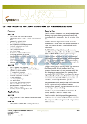 GS1575B datasheet - HD-LINX II Multi-Rate SDI Automatic Reclocker