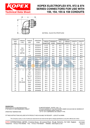 EF970022 datasheet - KOPEX ELECTROFLEX 970, 972 & 974 SERIES CONNECTORS FOR USE WITH 150, 154, 155 & 158 CONDUITS