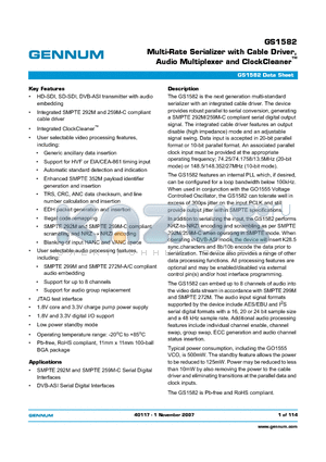 GS1582 datasheet - Multi-Rate Serializer with Cable Driver, Audio Multiplexer and ClockCleaner