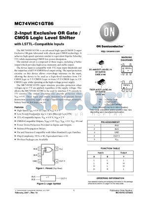 MC74VHC1GT86DFT2 datasheet - 2−Input Exclusive OR Gate / CMOS Logic Level Shifter with LSTTL−Compatible Inputs