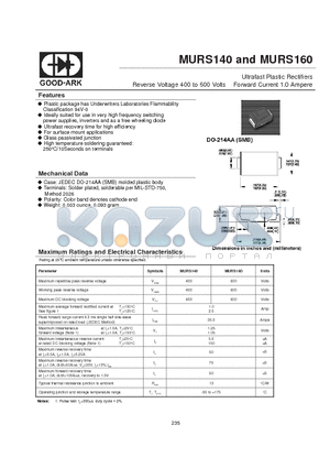 MURS160 datasheet - Ultra Plastic Rectifers
