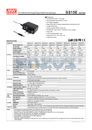 GS15E-11P1J datasheet - 12~15WAC-DC Single Output Wall-mounted type