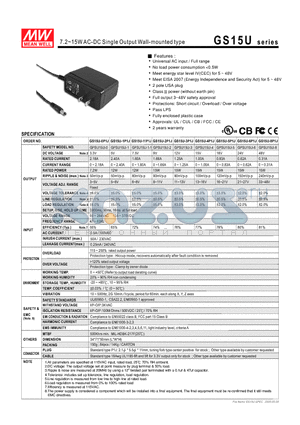 GS15U-4P1J datasheet - 7.2~15WAC-DC Single Output Wall-mounted type