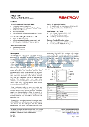 FM25VN10-GTR datasheet - 1Mb Serial 3V F-RAM Memory