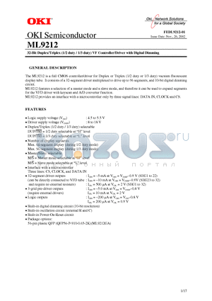 ML9212GA datasheet - 32-Bit Duplex/Triplex (1/2 duty / 1/3 duty) VF Controller/Driver with Digital Dimming