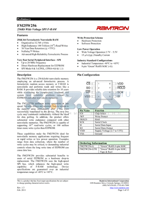 FM25W256 datasheet - 256Kb Wide Voltage SPI F-RAM