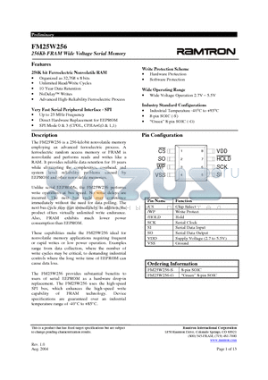 FM25W256-G datasheet - 256Kb FRAM Wide Voltage Serial Memory