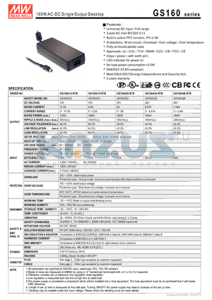 GS160A12-R7B datasheet - 160WAC-DC Single Output Desktop