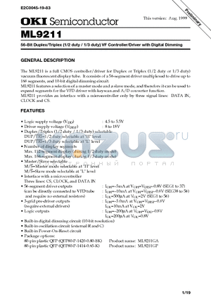 ML9211 datasheet - 56-Bit Duplex/Triplex (1/2 duty / 1/3 duty) VF Controller/Driver with Digital Dimming