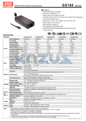 GS160A12-R7B datasheet - 160WAC-DC Single Output Desktop