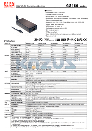 GS160A15-R7B datasheet - 160WAC-DC Single Output Desktop