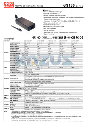 GS160A20-R7B datasheet - 160WAC-DC Single Output Desktop