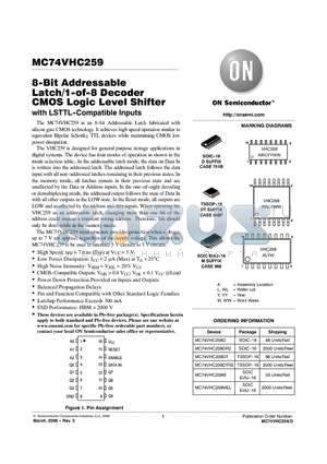 MC74VHC259DR2 datasheet - 8-Bit Addressable Latch/1-of-8 Decoder CMOS Logic Level Shifter with LSTTL-Compatible Inputs