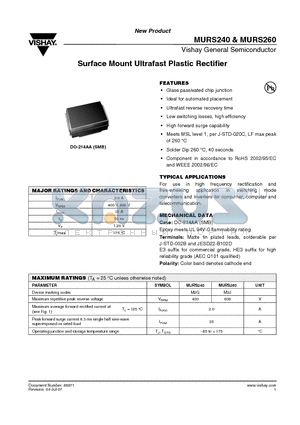 MURS240-E3/5BT datasheet - Surface Mount Ultrafast Plastic Rectifier