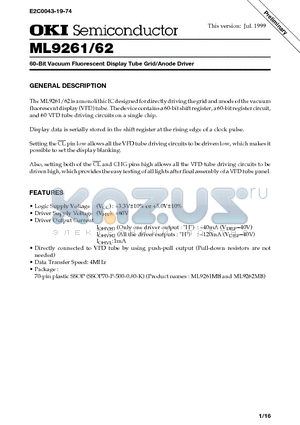 ML9261 datasheet - 60-Bit Vacuum Fluorescent Display Tube Grid/Anode Driver