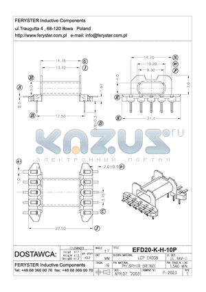 EFD-20-K-H-10P datasheet - EFD Bobbin