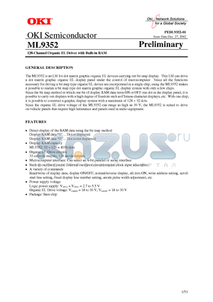 ML9352 datasheet - 128-Channel Organic EL Driver with Built-in RAM